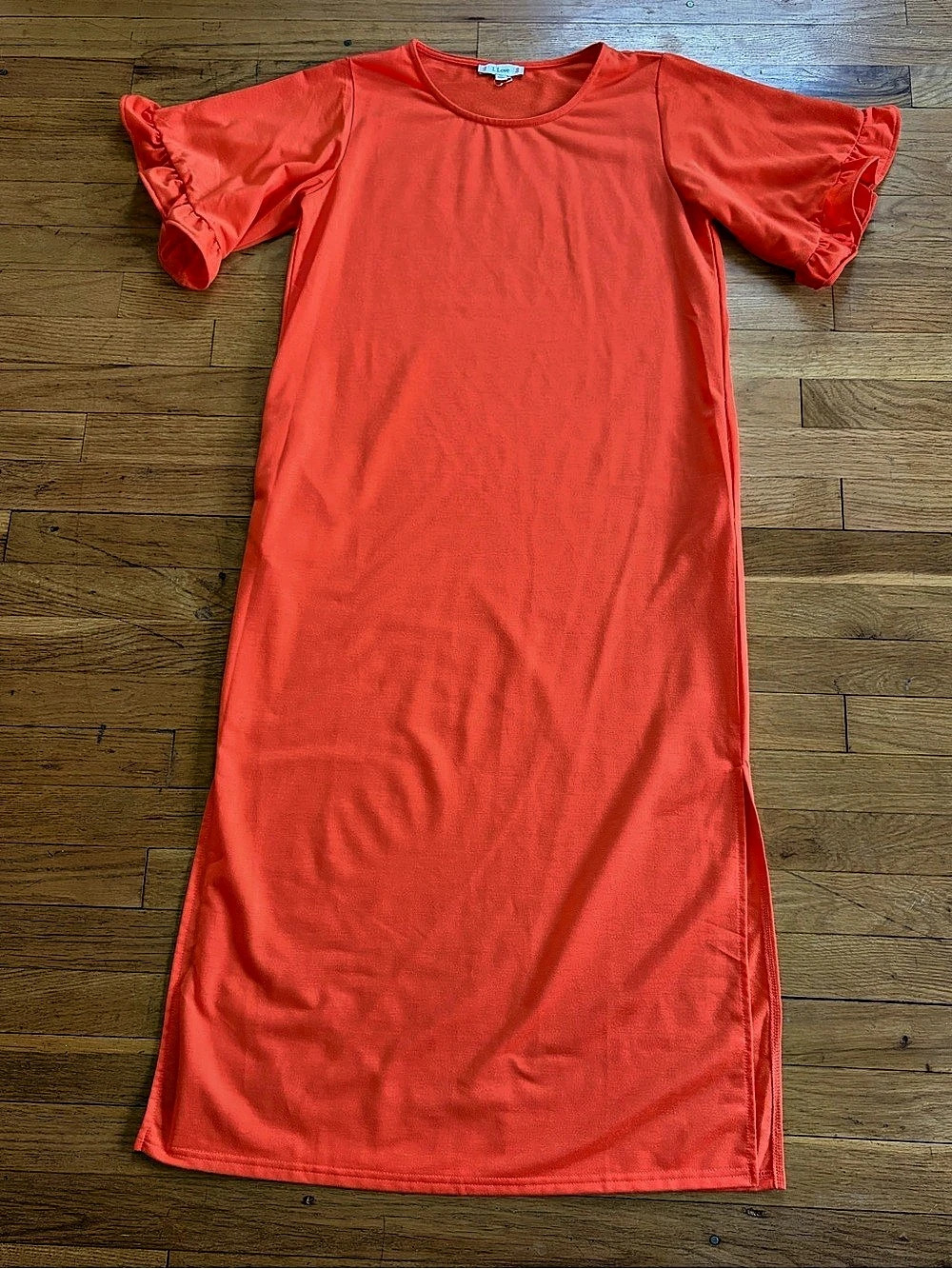 I Love Maxi Dress Ruffled Sleeve in Orange Size Medium with side slits &pockets